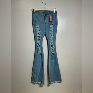 SHEIN Light Blue Ripped Flare Jeans